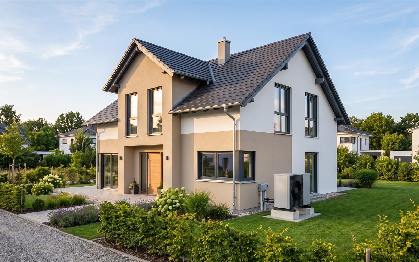 Modernes Einfamilienhaus mit Luft-Wasser-Wärmepumpe im Garten